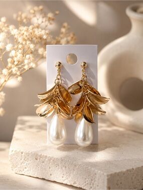 Gold Leaf Drop Earrings with Pearl Teardrops